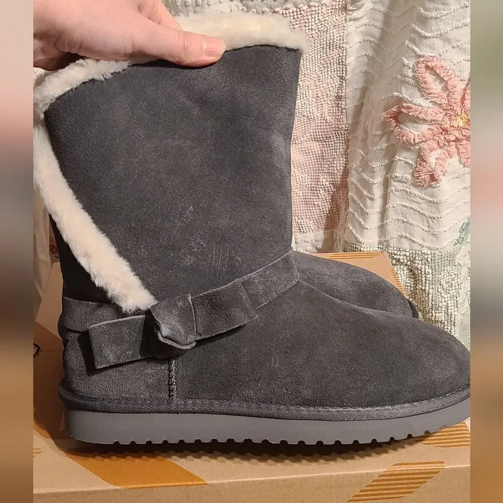 NEW UGG Kookaburra Gray Charcoal Shearling Winter Boots Bow Accent 10
